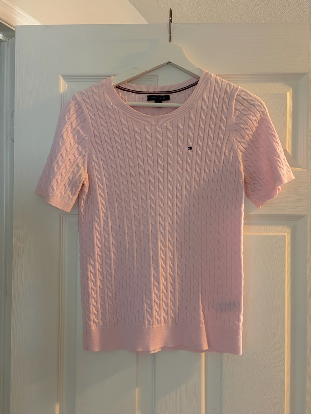 Tommy Hilfiger Pink Cable-Knit Short Sleeve Sweater